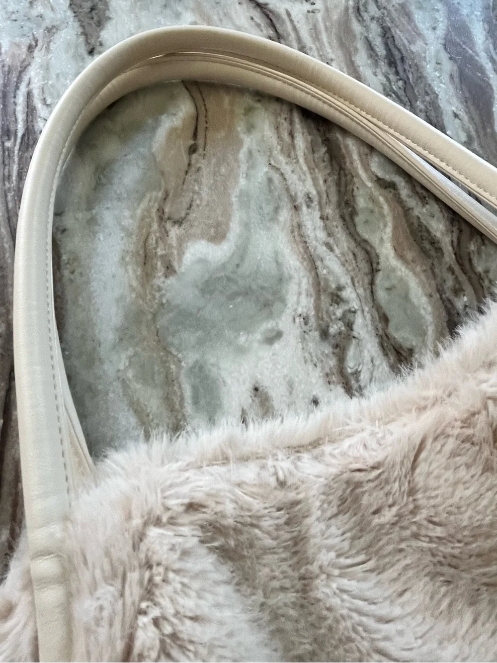 Cream Victoria’s Secret Faux-Fur Tote Bag with gold VS logo